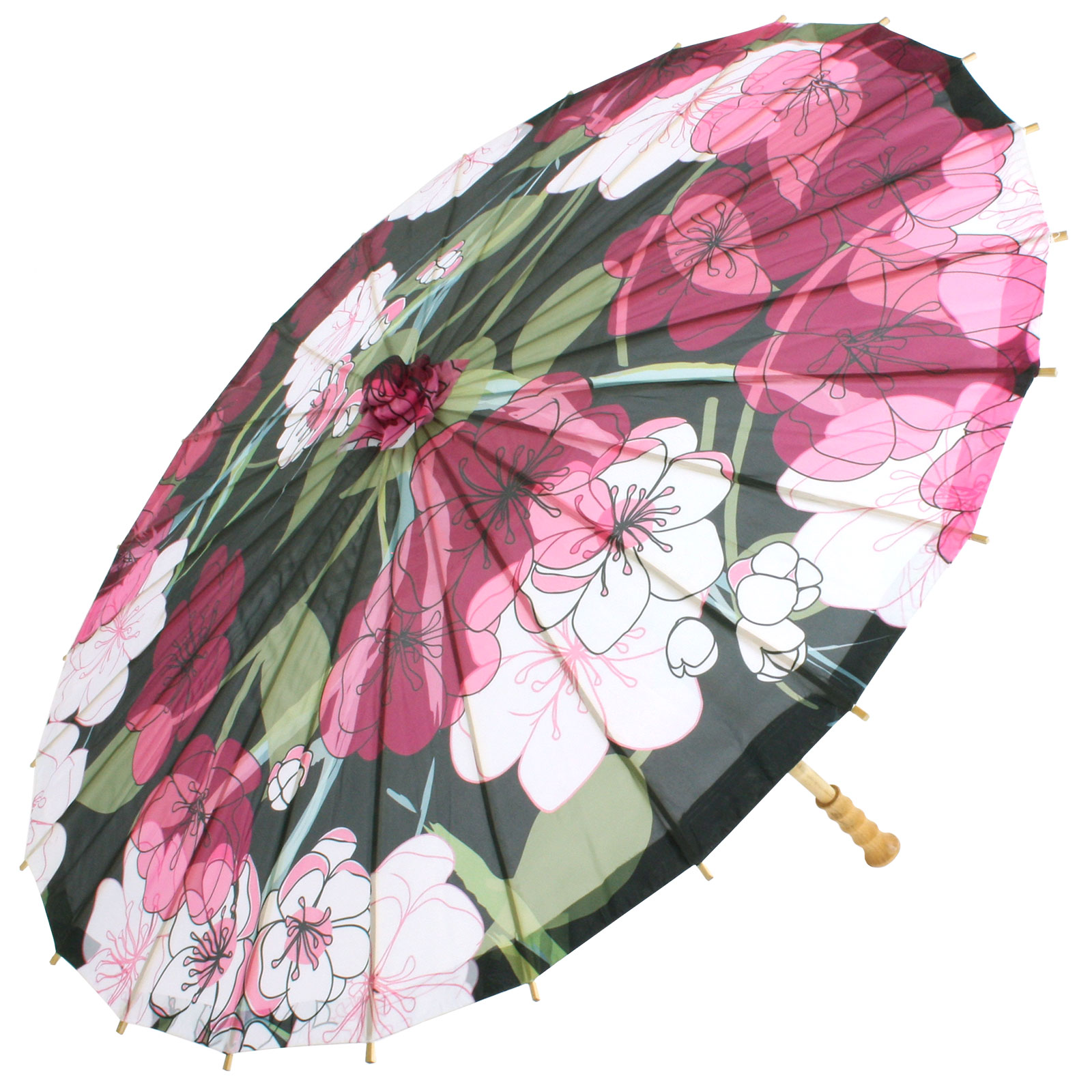 Premium Chinese Nylon Silk Bamboo Parasol - Midnight Cherry Blossom