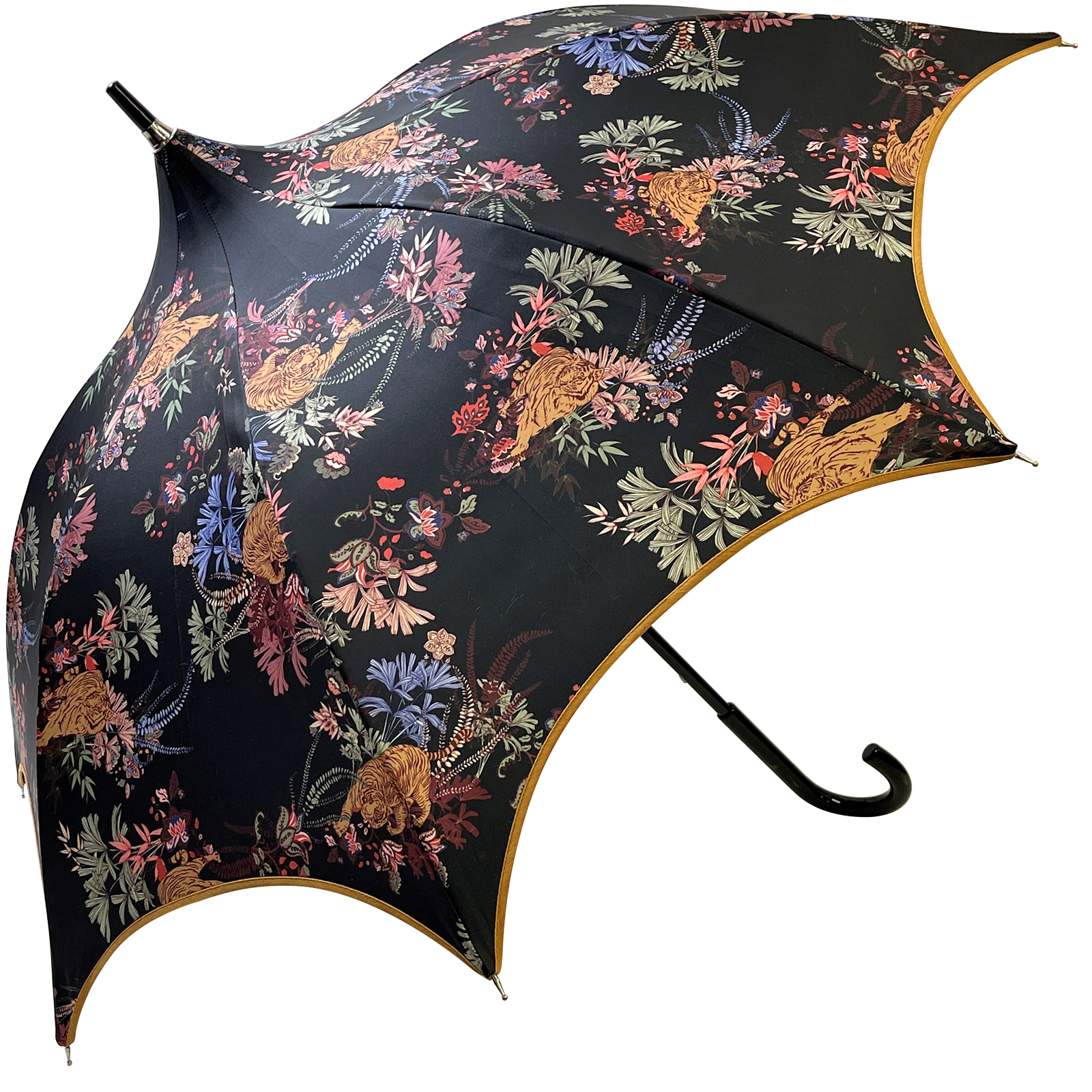 Charme - Ochre Floral Scalloped Walking Length Umbrella by Guy de Jean