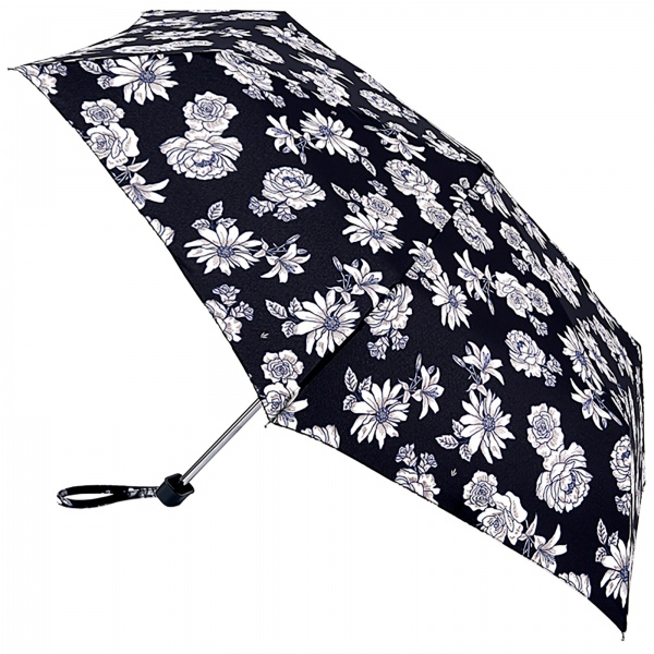 Fulton Miniflat Lightweight Folding Umbrella - Black & White Floral