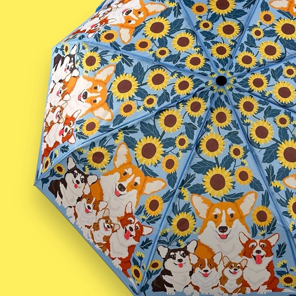 Corgi & Sunflowers Auto O&C Folding Art Umbrella by Naked Decor